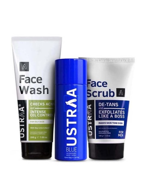 Ustraa Blue Deodorant, Face Wash Oily Skin & De-tan Face Scrub