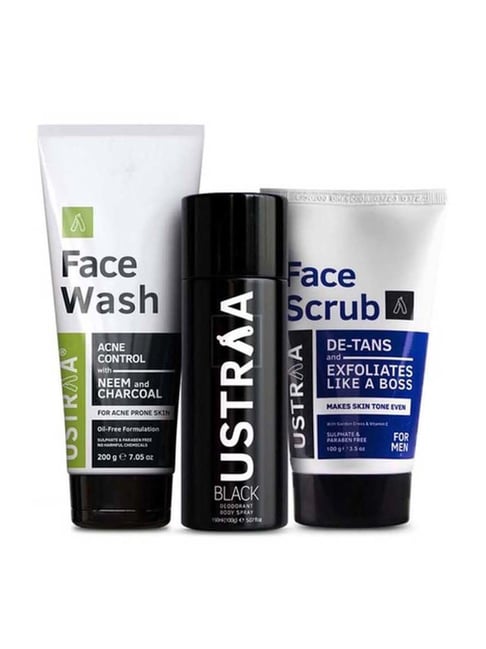 Ustraa Black Deodorant, De-tan Face Scrub & Face Wash Neem & Charcoal