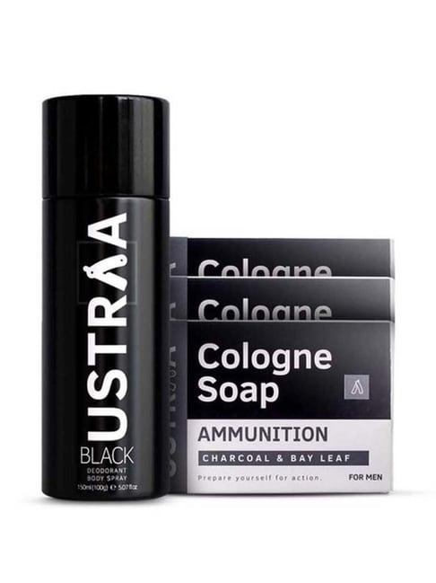 Ustraa Black Deodorant Body Spray & Ammunition Cologne Soap (Pack of 3)