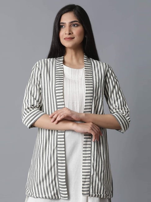 W Beige & Black Striped Shrug