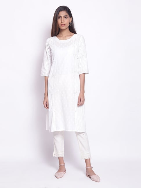 W Beige Cotton Embroidered Straight Kurta Price in India