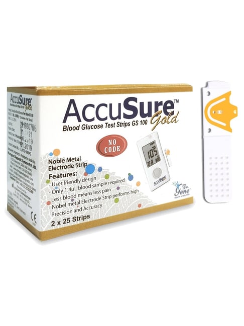 AccuSure Gold Glucometer Test Strips, Pack of 2 | 50 Glucometer Strips