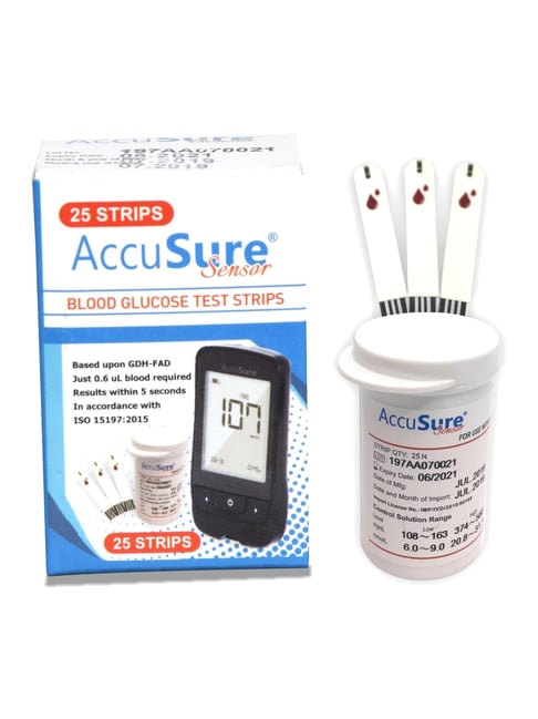 AccuSure Sensor Glucometer Test Strips, Pack of 1 | 25 Glucometer Strips