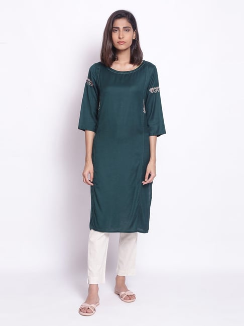 W Green Embroidered Straight Kurta Price in India