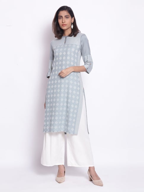 W Grey Cotton Printed Straight Kurta