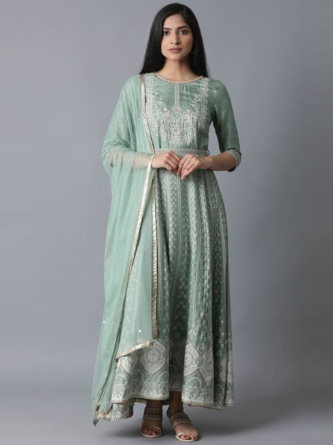 Buy Wishful by W Green Embroidered Maxi Dress With Dupatta for Women ...