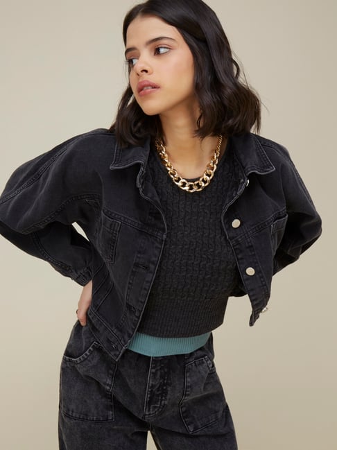 Westside Dark Grey Cropped Denim Jacket 