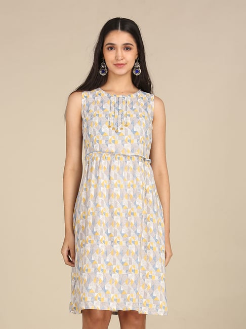 Karigari White Cotton Printed A-Line Dress Price in India