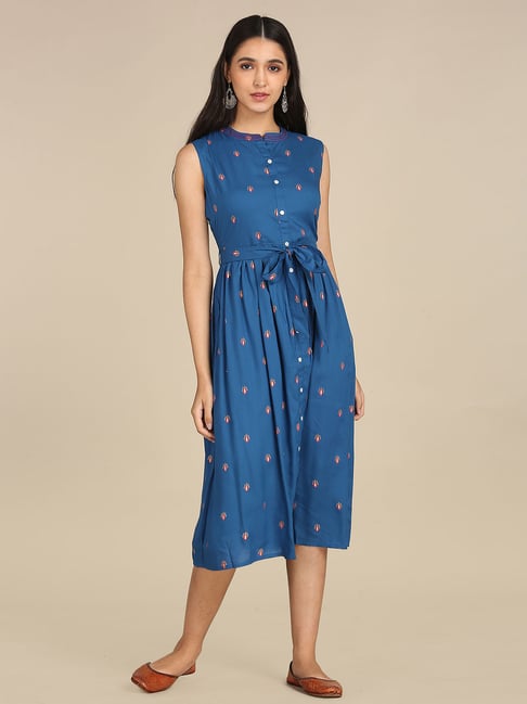 Karigari Blue Printed A-Line Dress Price in India