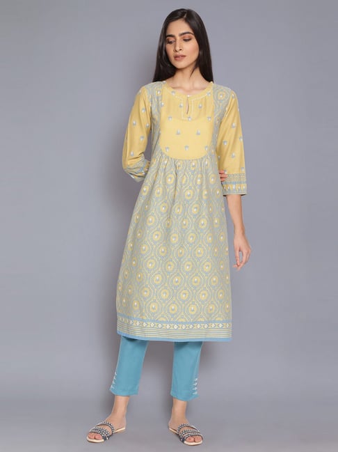 W Pale Yellow and Stone Blue Kurta Price in India