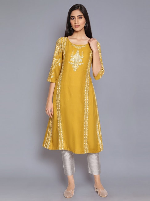 Twara cream intricate floral & leaf motifs printed 3/4th sleeve & pom-pom  tassel neck work side-cut cotton kurti