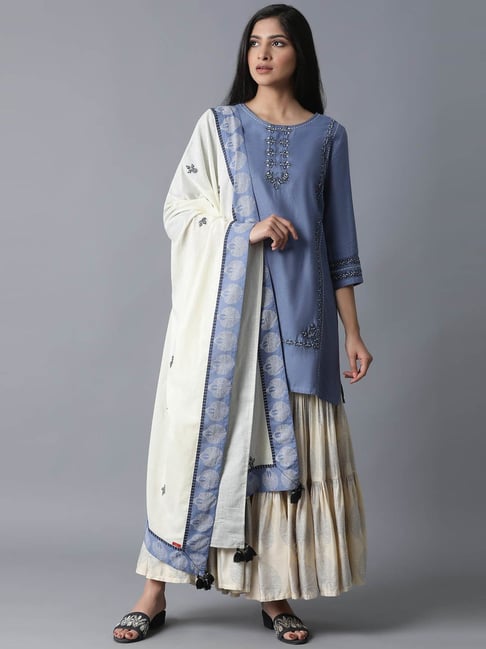 W Blue Solid Kurta & Sharara Drape Set