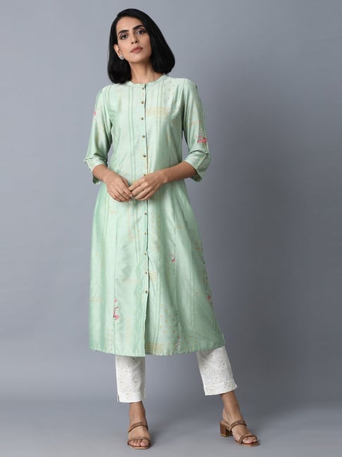 W Mint Green Floral Print Kurta Price in India