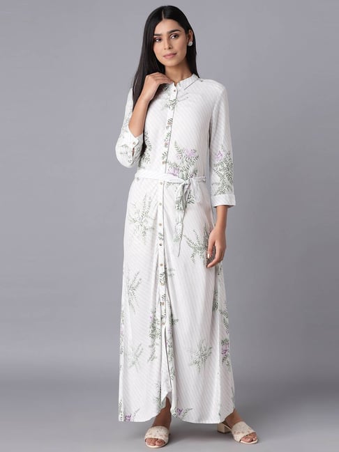 W White Printed Maxi Dress With Belt Price in India