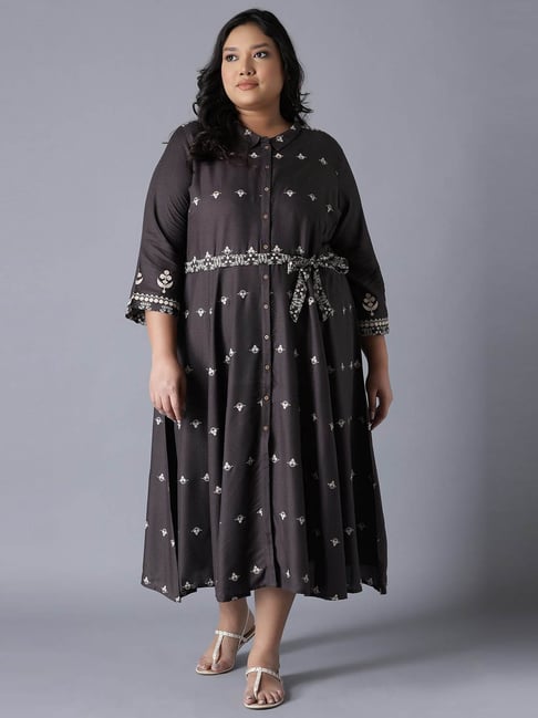W Charcoal Printed A-Line Dress With Belt Price in India