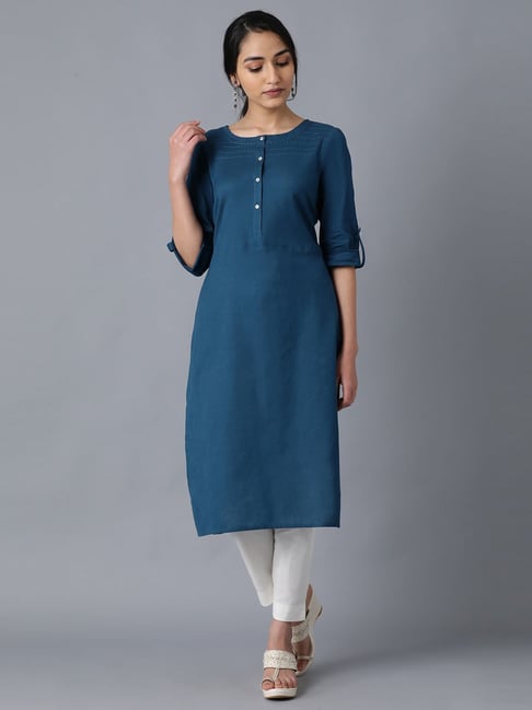 W Blue Cotton Straight Kurta Price in India