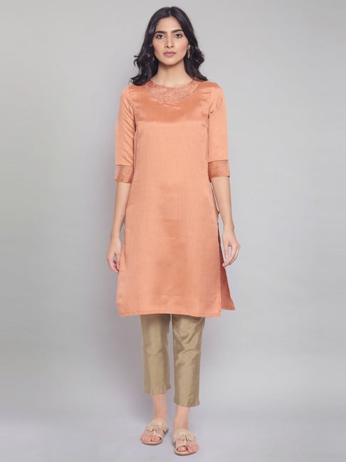 W Peach Straight Kurta Price in India