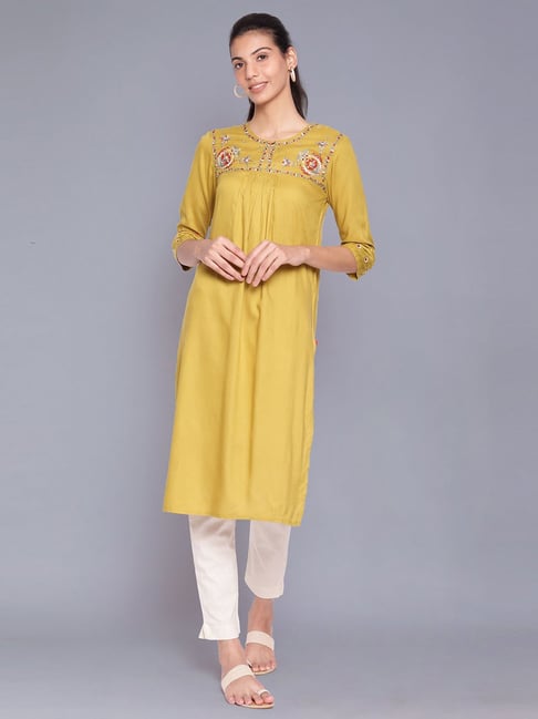 W Yellow Embroidered Straight Kurta Price in India