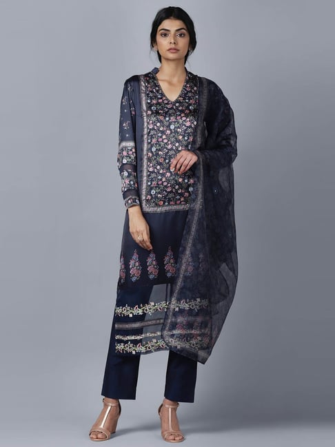 W Navy Solid Kurta & Silm Pants with Dupatta Set