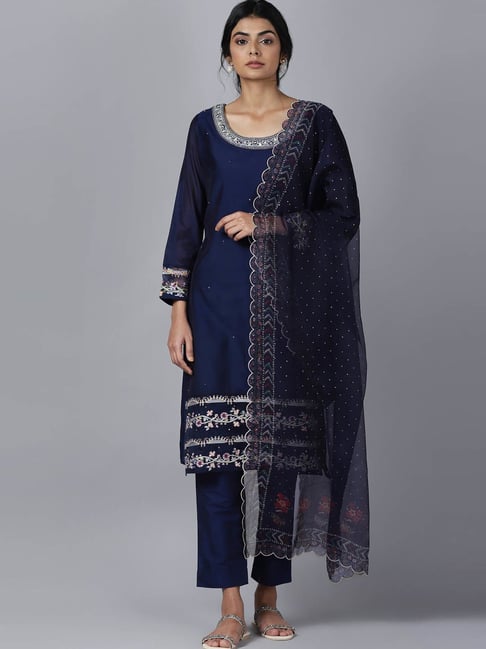 W Navy Solid Kurta & Silm Pants with Dupatta Set