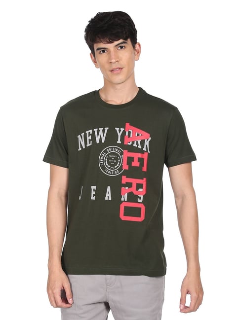 Aeropostale Olive Green Cotton Regular Fit Printed T-Shirt - Flexi Collection