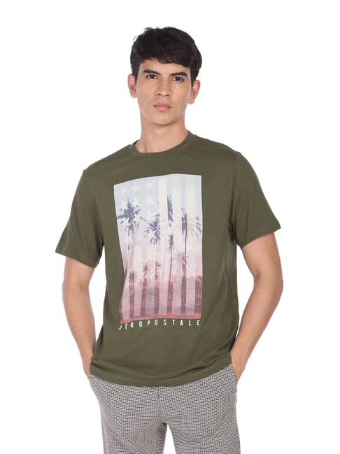 Aeropostale Olive Green Cotton Regular Fit Printed T-Shirt - Flexi Collection