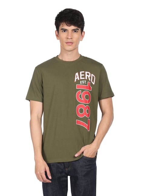 Aeropostale Olive Green Cotton Regular Fit Printed T-Shirt - Flexi Collection