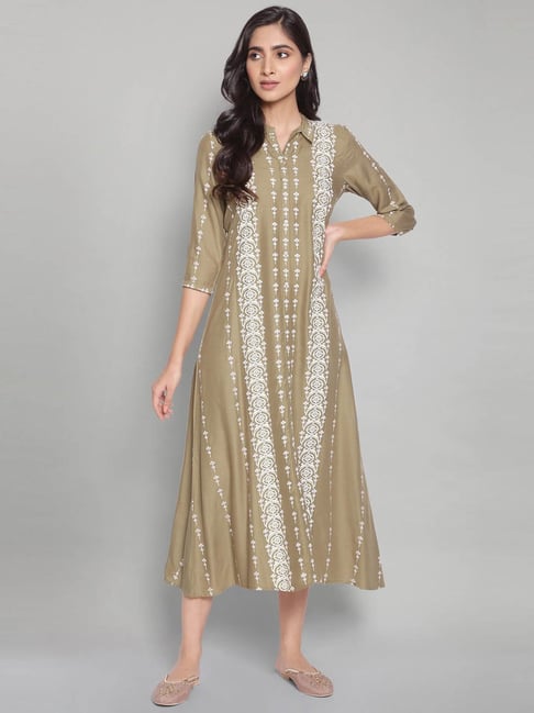 W Olive Green A-Line long Dress Price in India