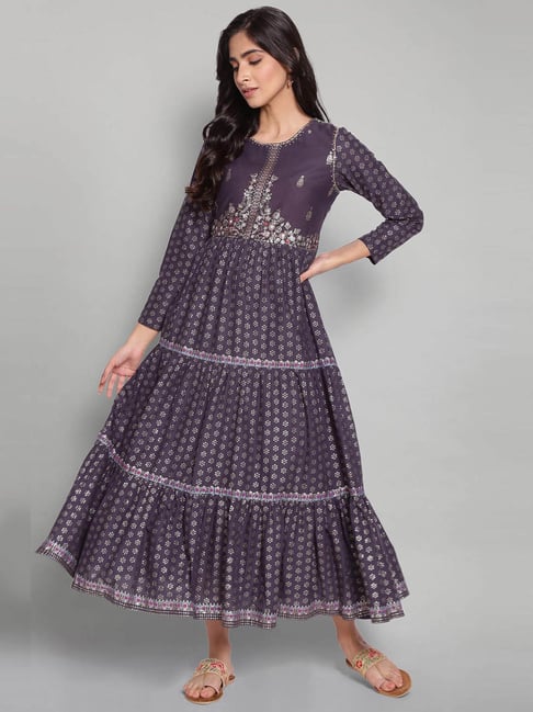 W Purple Cotton Embellished Maxi Dress Price in India