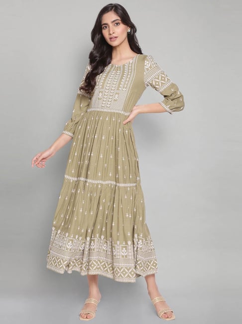 W Tea Green Printed Tiered Dress Price in India