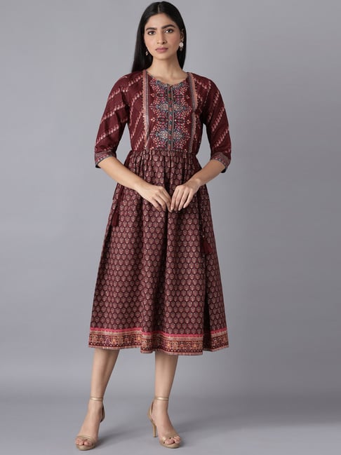 W Rich Red Cotton Embellished A-Line Dress