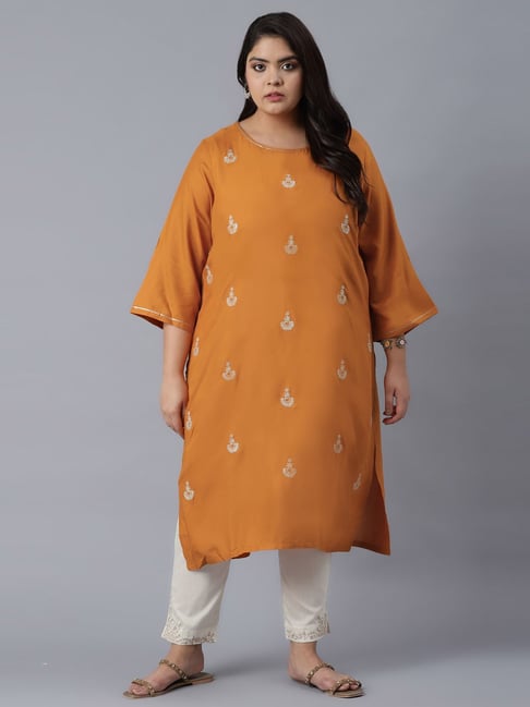 W Orange Embroidered Straight Kurta Price in India