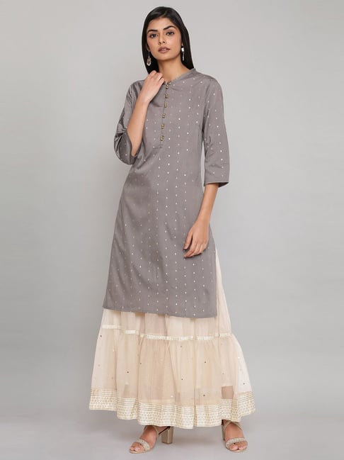 W Grey Printed Straight Kurta