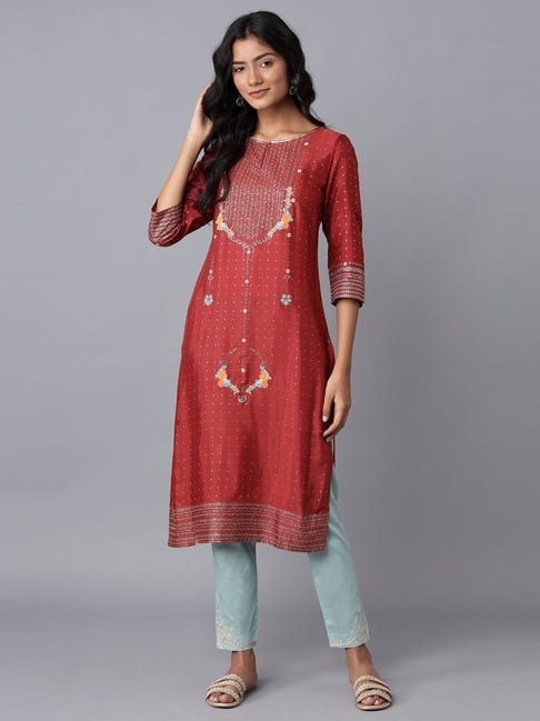 W Rust Red Embellished Straight Kurta Price in India