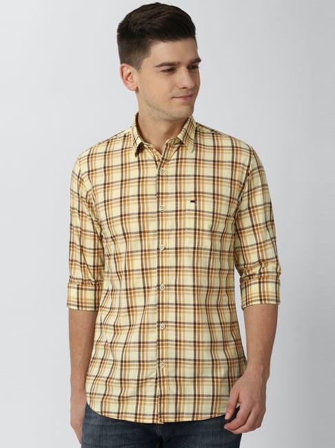 Peter England Yellow Cotton Slim Fit Checks Shirt