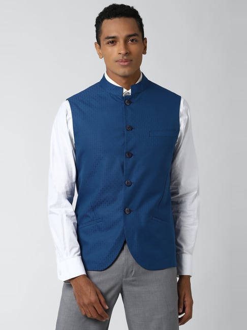 Peter England Elite Blue Regular Fit Self Pattern Nehru Jacket