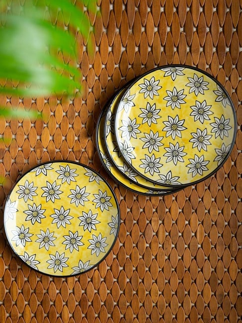 ExclusiveLane 'Californian Sunflowers' Bright Yellow & White Ceramic Dinner Plate - Set of 4-picture-13