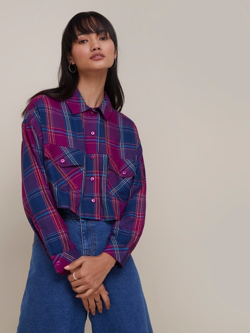 Nuon by Westside Purple Checkered Lorita Cropped Shirt Price in India