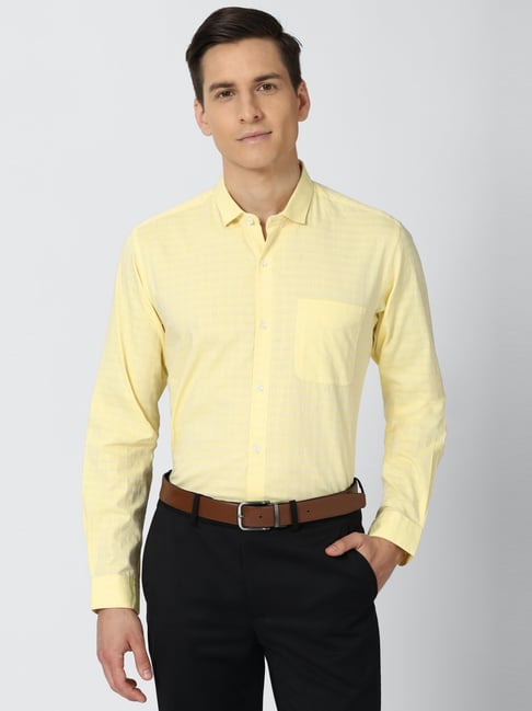 Peter England Yellow Cotton Regular Fit Checks Shirt