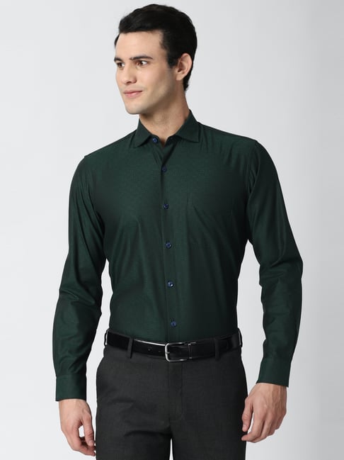 Peter England Elite Green Cotton Regular Fit Printed Shirt