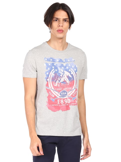 U S Polo Assn U.S. Polo Assn. Grey Cotton Regular Fit Printed T-Shirt - Flexi Collection