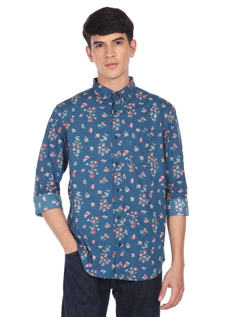 Aeropostale Blue Cotton Regular Fit Floral Print Shirt - Flexi Collection