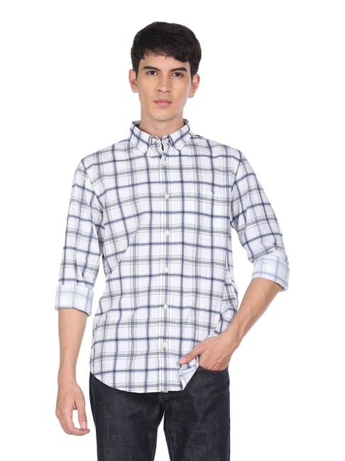 Aeropostale White & Blue Cotton Regular Fit Checks Shirt - Flexi Collection