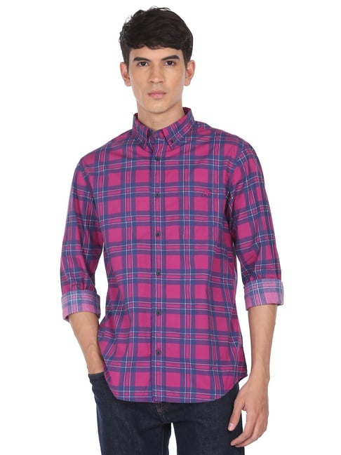 Aeropostale Purple & Blue Cotton Regular Fit Checks Shirt - Flexi Collection