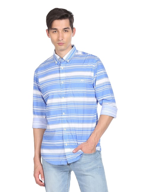 Aeropostale Blue & White Cotton Regular Fit Striped Shirt - Flexi Collection