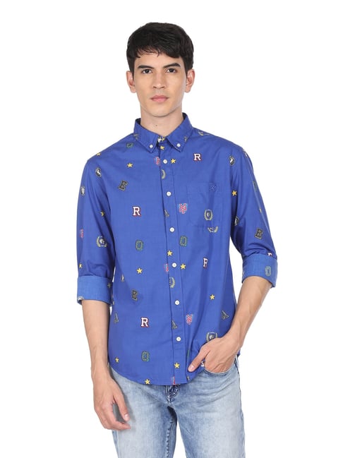 Aeropostale Cadet Blue Cotton Regular Fit Printed Shirt - Flexi Collection