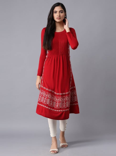 W Red Printed A Line Kurta