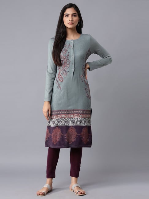 W Grey Printed Straight Kurta