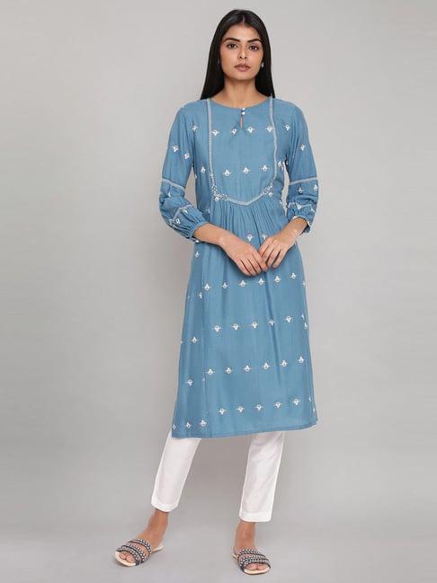 W Blue Embroidered Straight Kurta Price in India