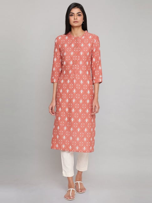 W Peach Printed Straight Kurta Price in India